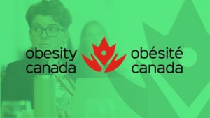 An individual with short hair and glasses is seated in front of a green background with the Obesity Canada logo, displayed in English and French.