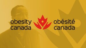 Logo of Obesity Canada with text in English and French on a yellow background. There is a faint image of a person on the left side.
