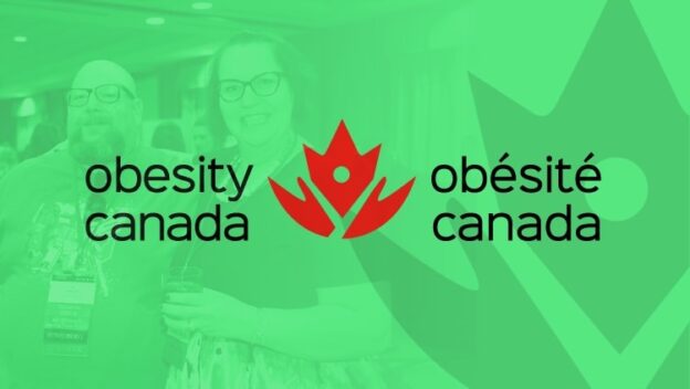 Two people smiling and standing together at an event. The image has a green overlay with the Obesity Canada logo and text in English and French.