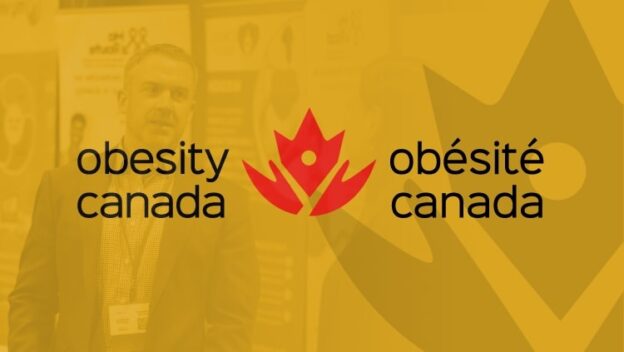 The image shows the Obesity Canada logo with text in English and French. The backdrop has an orange tint with a blurred image of a person and informational posters.