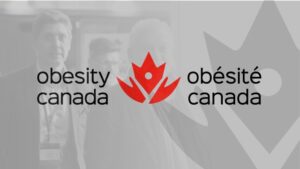 Obesity Canada logo featuring a red maple leaf design with text in English and French against a background of people.