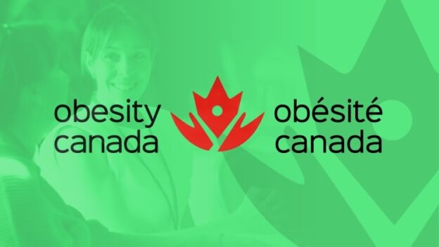 Logo of Obesity Canada/Obésité Canada on a green background with a stylized red maple leaf symbol in the center and people partially visible in the background.