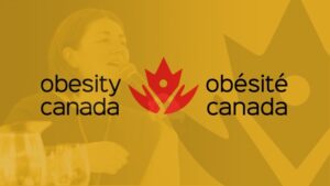 A person speaking into a microphone overlaid with the Obesity Canada logo and text in both English and French.