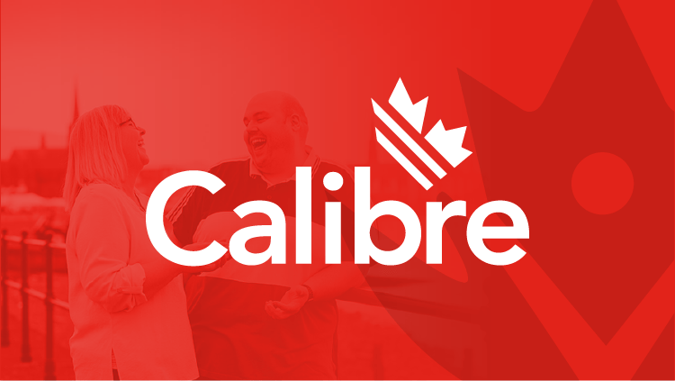 Logo of the company "Calibre" with an image of two people laughing in the background and a red overlay.