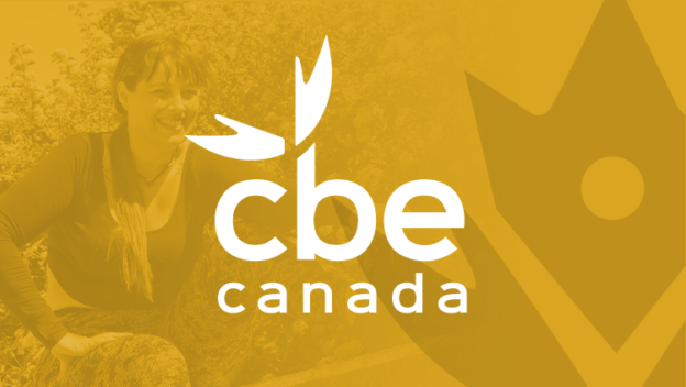 Yellow and orange-tinted image featuring a person sitting outdoors. The "cbe canada" logo with a leaf motif is prominently displayed in the foreground.