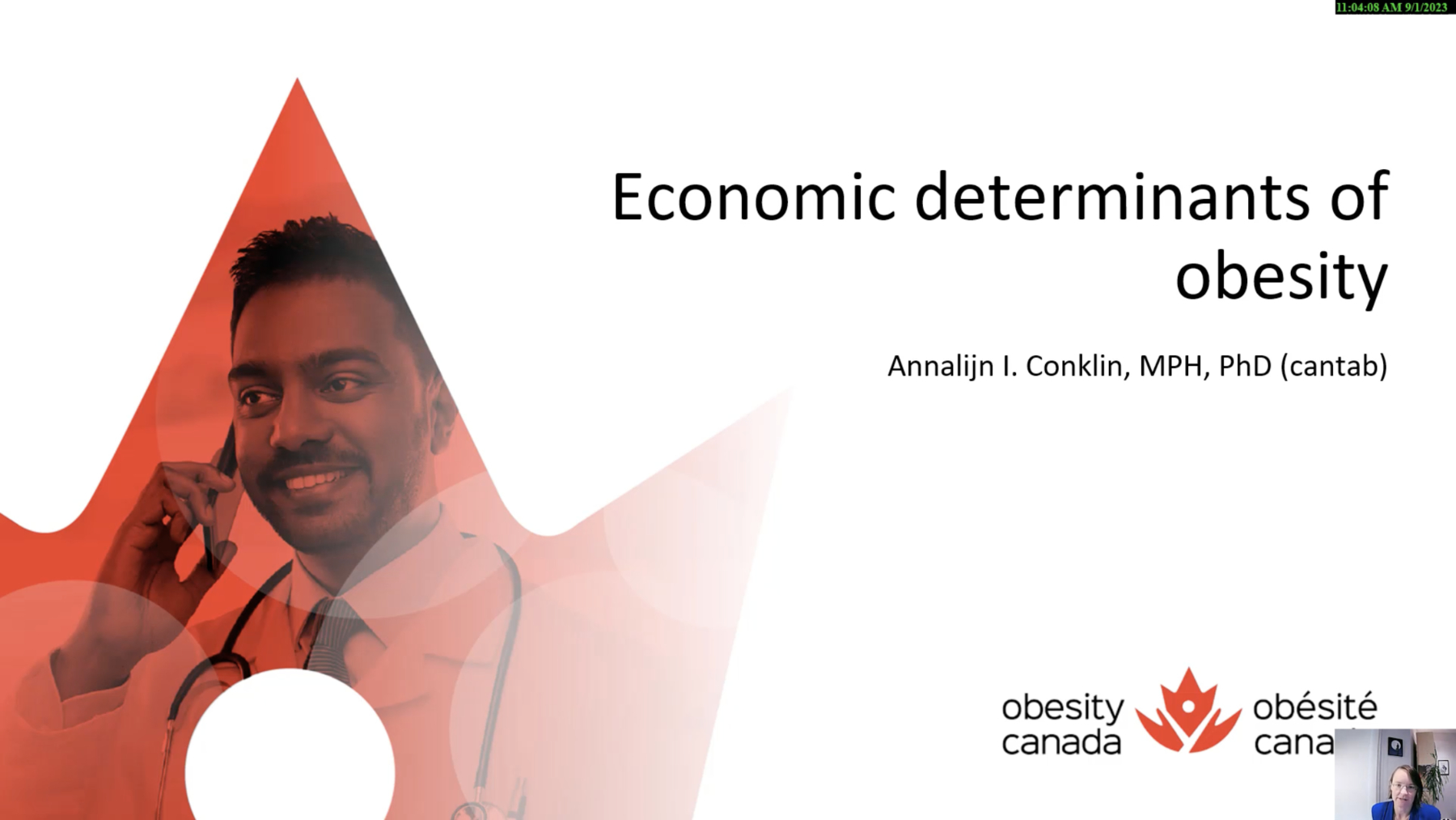 Title slide of a presentation titled "Disparities in Obesity Management: Racism in Medicine and the Flawed use of BMI" by Dr. Sean Wharton. The slide features the Obesity Canada logo and a Canadian flag design.