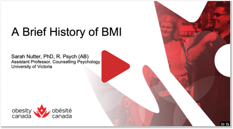 Slide titled "A Brief History of BMI" by Sarah Nutter, PhD, with Obesity Canada logo.