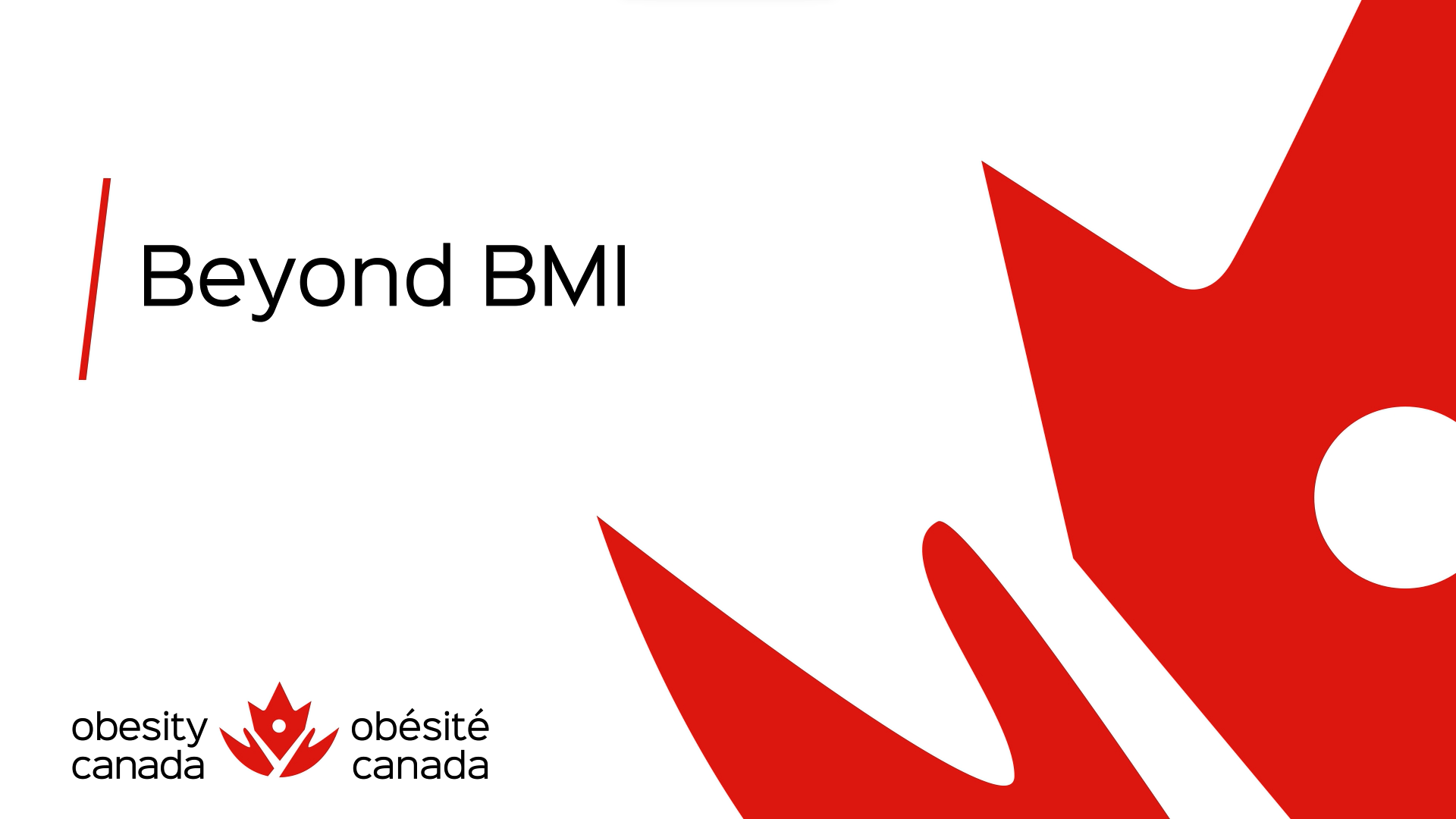 Presentation slide titled "A Brief History of BMI" by Sarah Nutter, PhD, from the University of Victoria, featuring logos and an image of a red maple leaf and people in the background.